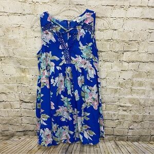 Jodifl Blue Floral Crochet V Neck Sleeveless Tunic Top Dress